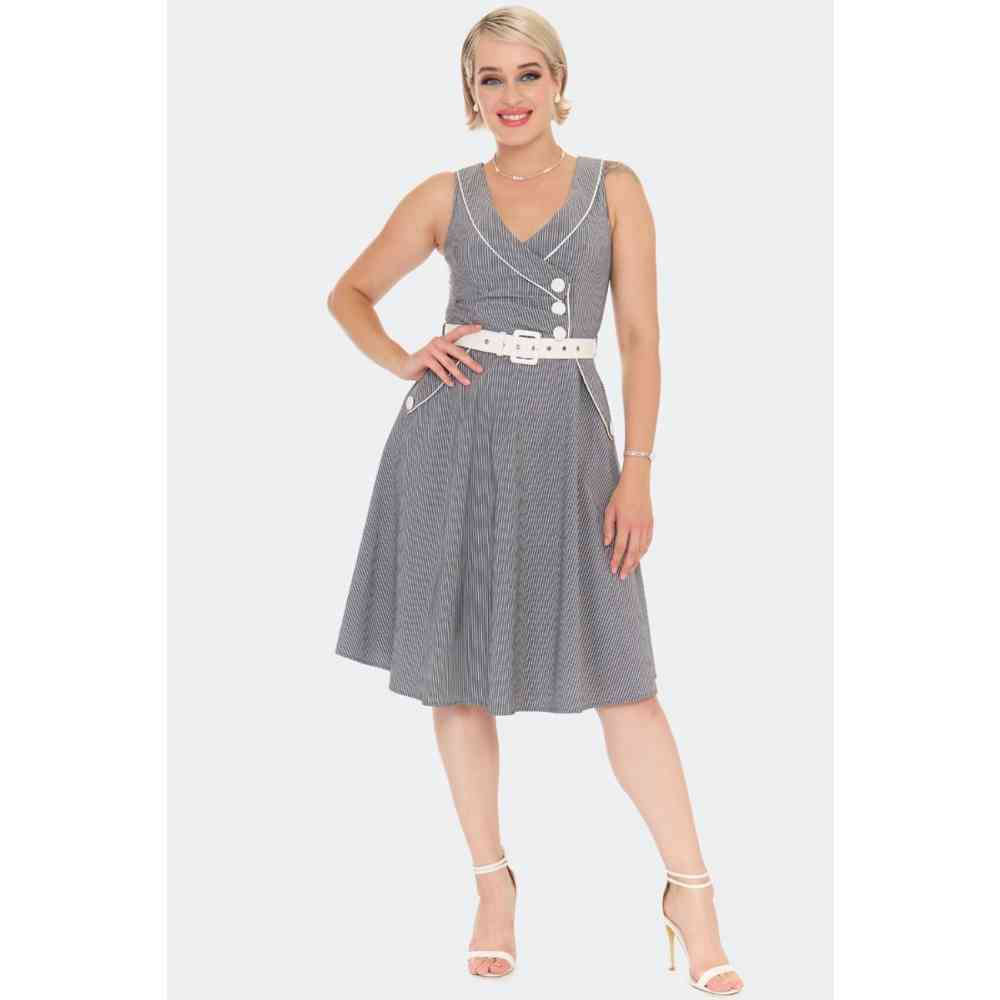 Voodoo Vixen - Vintage Pinstripe Flare jurk - Grijs